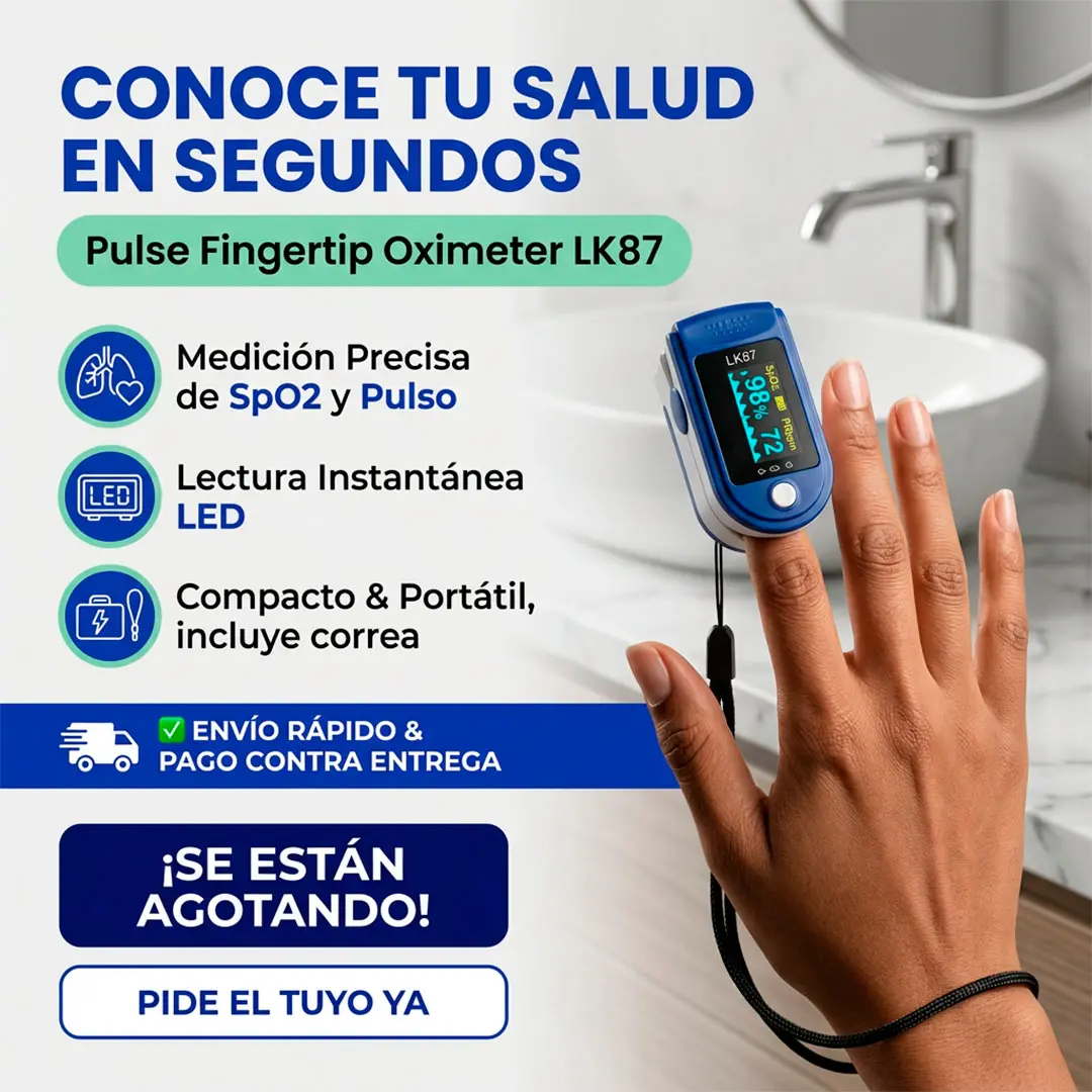 Oxímetro de pulso digital azul LK87 en el dedo índice, con pantalla LED que muestra SpO2 y frecuencia cardíaca, en un entorno de baño.