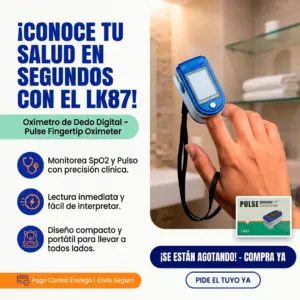 Oxímetro de pulso digital azul modelo LK87 colocado en el dedo índice, con pantalla LED y correa negra para medir saturación de oxígeno y pulso.