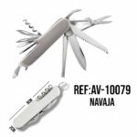 Navaja multiusos de acero inoxidable con herramientas extendidas como sierra y tijeras. Medidas: 9 cm de largo por 2 cm de ancho.