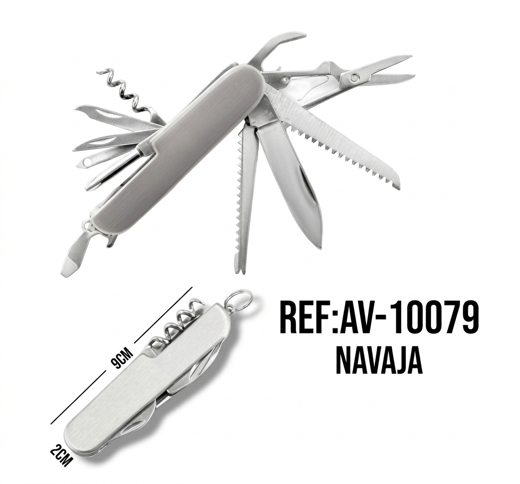 Navaja multiusos de acero inoxidable con herramientas extendidas como sierra y tijeras. Medidas: 9 cm de largo por 2 cm de ancho.