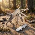 Set de dos navajas multiusos de acero inoxidable para camping, una abierta con sierra y tijeras sobre madera y otra cerrada en entorno boscoso.