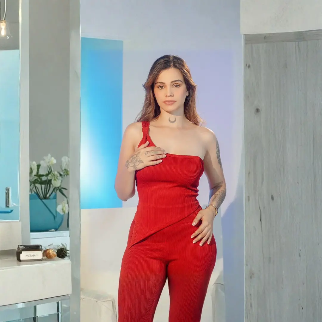 Conjunto rojo de dos piezas acanalado y asimétrico de un hombro, modelado de pie en interiores con iluminación azul.
