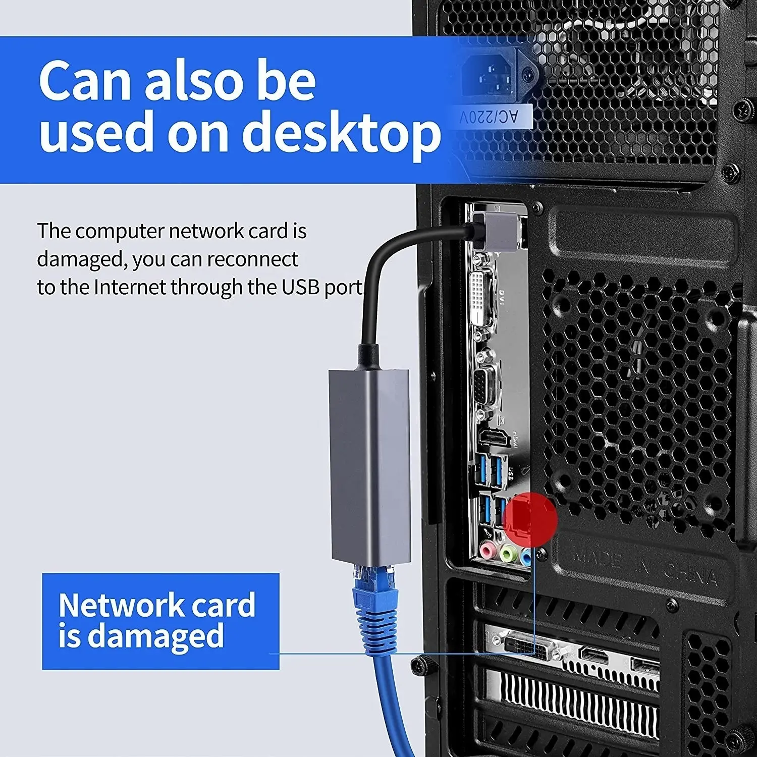 Convertidor USB C a Ethernet gris conectado a un computador de escritorio negro con cable de red azul para sustituir tarjeta de red dañada.
