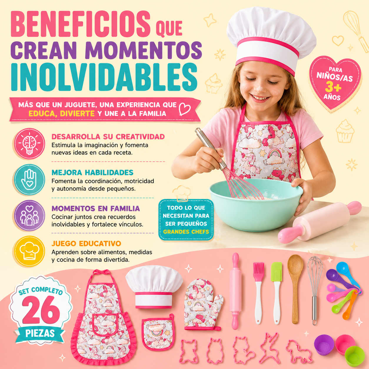 Kit de repostería para niños con delantal y gorro de 26 piezas - Estimula la creatividad culinaria mientras preparan postres en familia