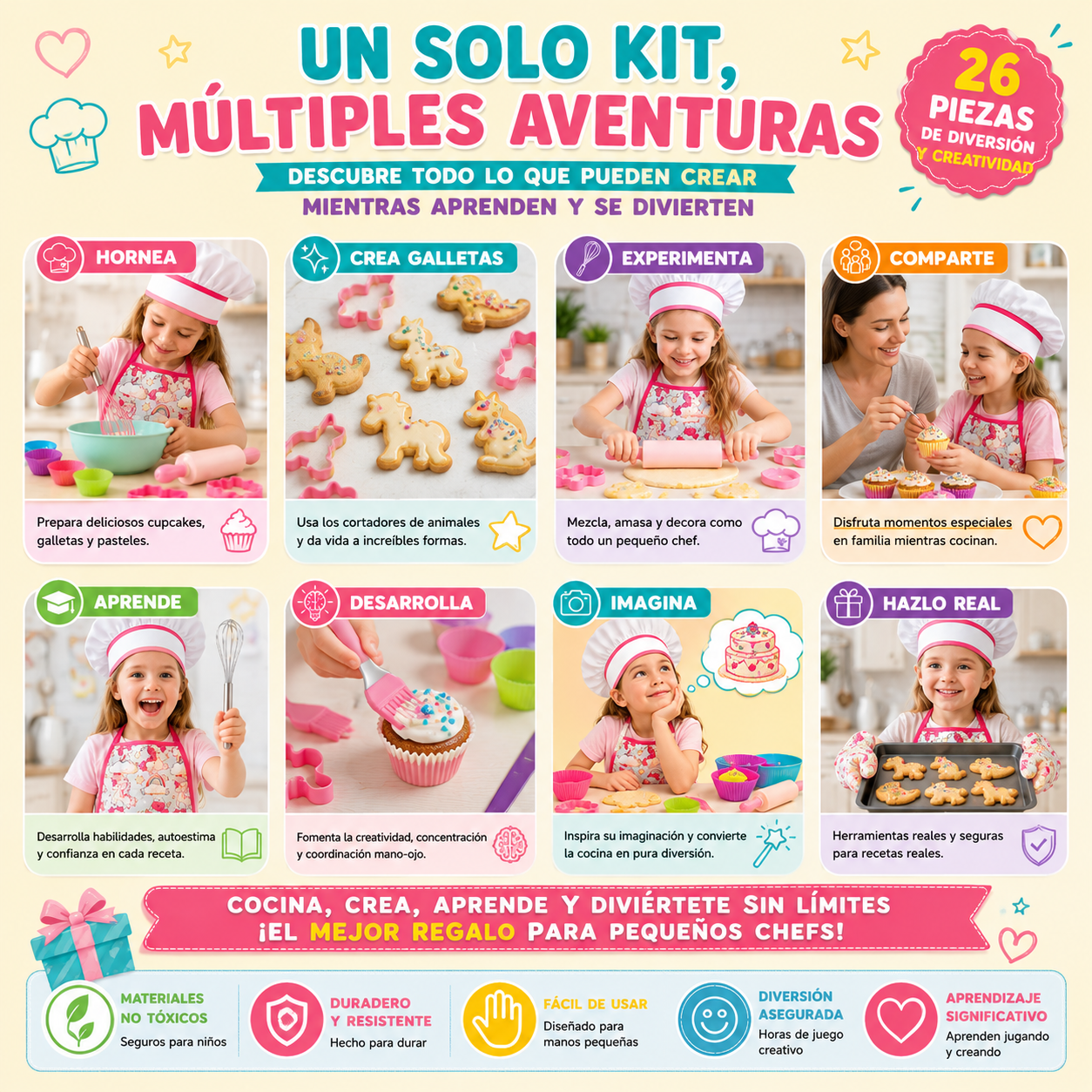 Kit de repostería para niños con delantal y gorro de 26 piezas - Estimula la creatividad culinaria mientras preparan postres en familia
