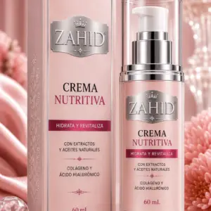 Crema nutritiva Zahid de 60 ml con colágeno y ácido hialurónico, en envase con dosificador y caja rosa, sobre fondo de flores en tonos rosados.