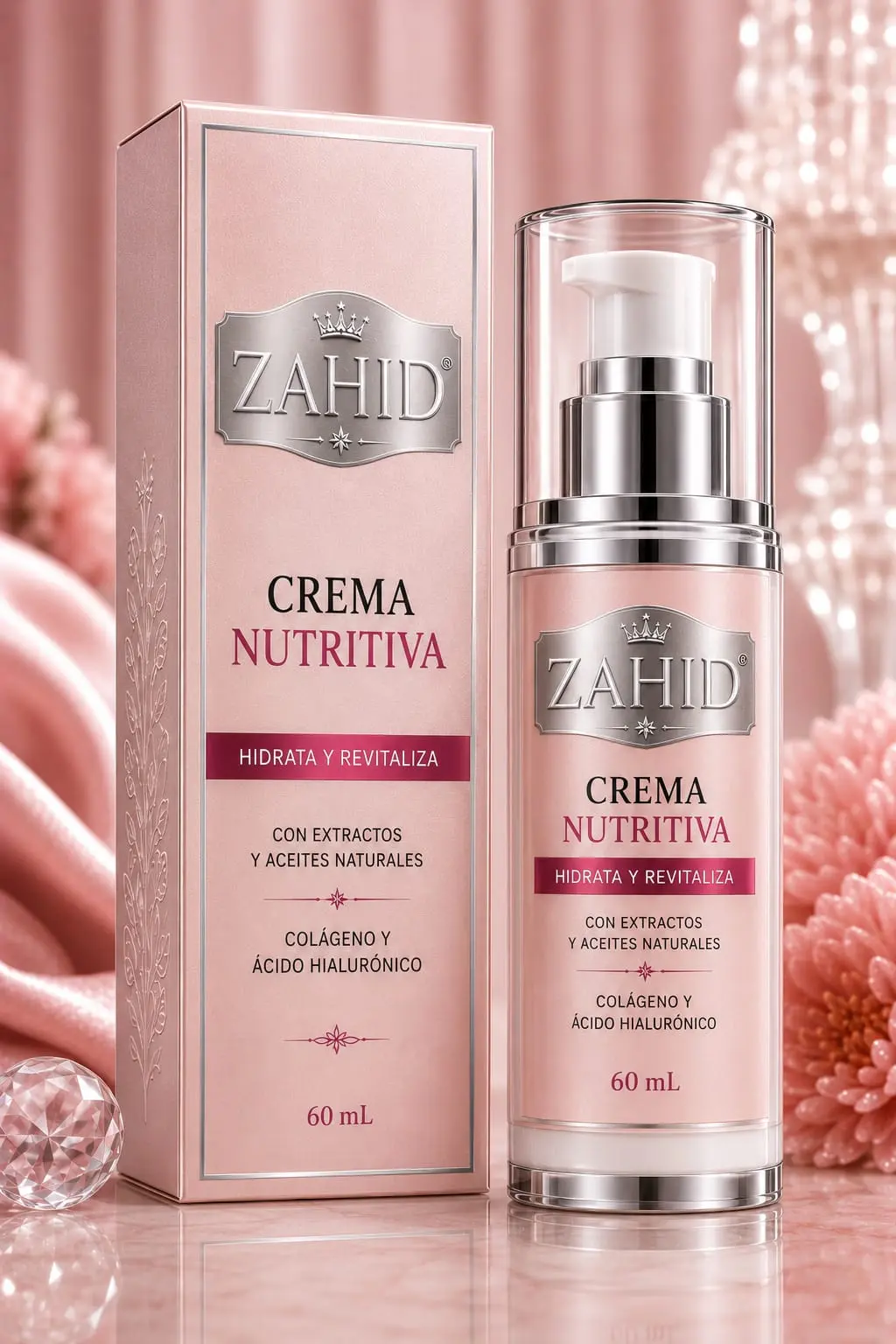 Crema nutritiva Zahid de 60 ml con colágeno y ácido hialurónico, en envase con dosificador y caja rosa, sobre fondo de flores en tonos rosados.