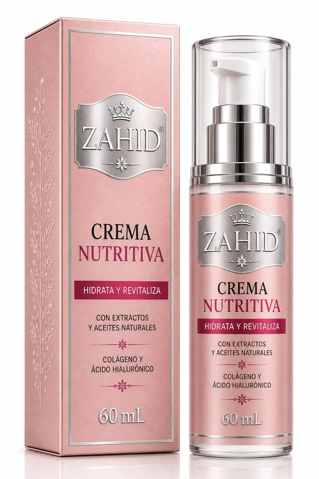Crema Nutritiva Zahid de 60 mL con colágeno y ácido hialurónico, en frasco con dispensador y caja rosa para hidratar y revitalizar la piel.