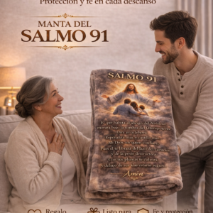 Manta marrón suave con diseño del Salmo 91, ideal para regalar a mamá y brindar abrigo y protección al descansar.