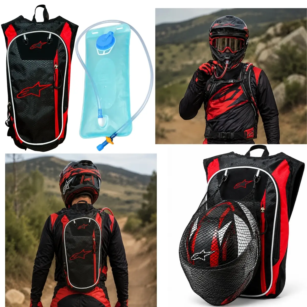 Mochila hidratante negra y roja con bolsa azul de 2 litros, en uso por un motociclista y junto a un casco deportivo a juego.