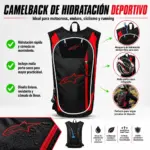 Mochila de hidratación negra y roja para moto y ciclismo con diseño ergonómico, malla portacasco integrada y manguera de acceso rápido.