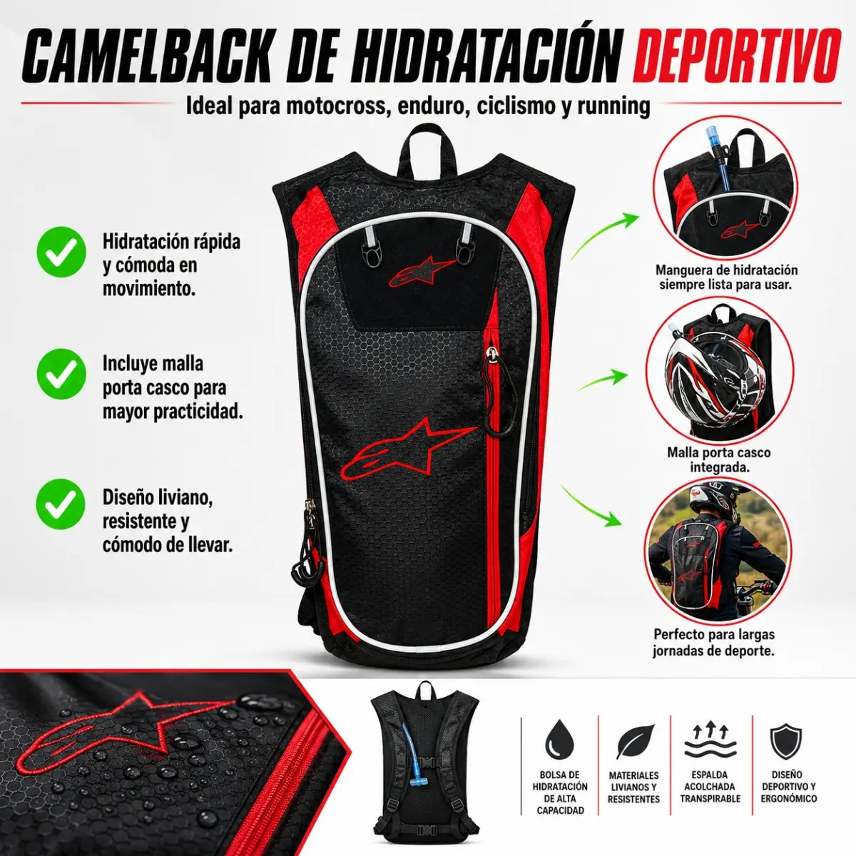 Mochila de hidratación negra y roja para moto y ciclismo con diseño ergonómico, malla portacasco integrada y manguera de acceso rápido.