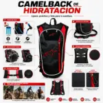 Mochila hidratante negra con rojo de 2L, incluye vejiga de agua, malla porta casco, correas ajustables y espalda transpirable para moto y ciclismo.