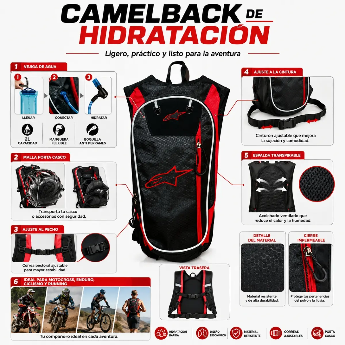 Mochila hidratante negra con rojo de 2L, incluye vejiga de agua, malla porta casco, correas ajustables y espalda transpirable para moto y ciclismo.