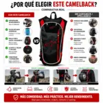 Mochila de hidratación negra y roja con detalles blancos, diseño ergonómico, vejiga de agua integrada y malla portacasco para moto y ciclismo.