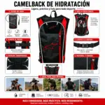 Mochila hidratante negra y roja con vejiga de agua, malla porta casco, correas ajustables y espalda transpirable para motocross y ciclismo.