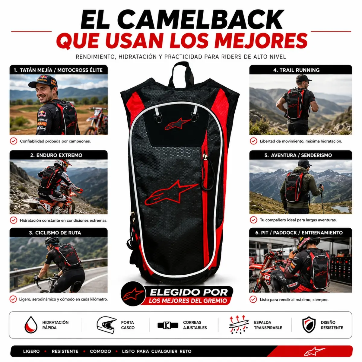 Mochila hidratante Alpinestars negra con detalles rojos para motocross, ciclismo y trail running, con diseño aerodinámico, resistente y ergonómico.
