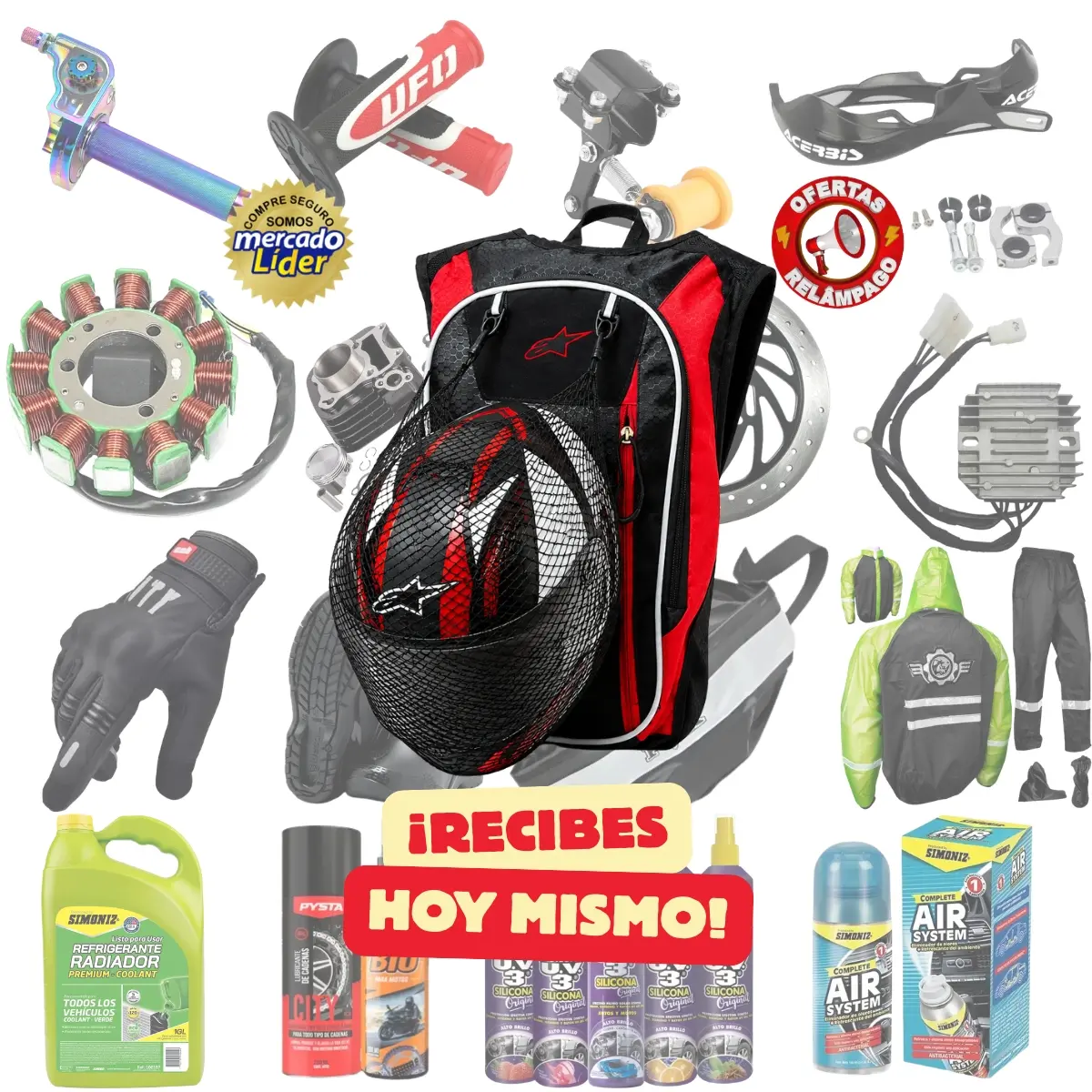 Mochila hidratante negra y roja con funda para casco, junto a repuestos, equipo de protección y productos de mantenimiento para motocicletas.