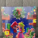 Pintura diamante 3D de Mario y Peach en escena navideña con elementos de videojuegos, con textura de cuentas brillantes y colores vibrantes