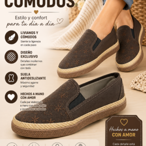 Zapato casual femenino café con bordados florales, suela antideslizante y ribete tejido. Mostrar tres pares y tallas de 33 a 39.