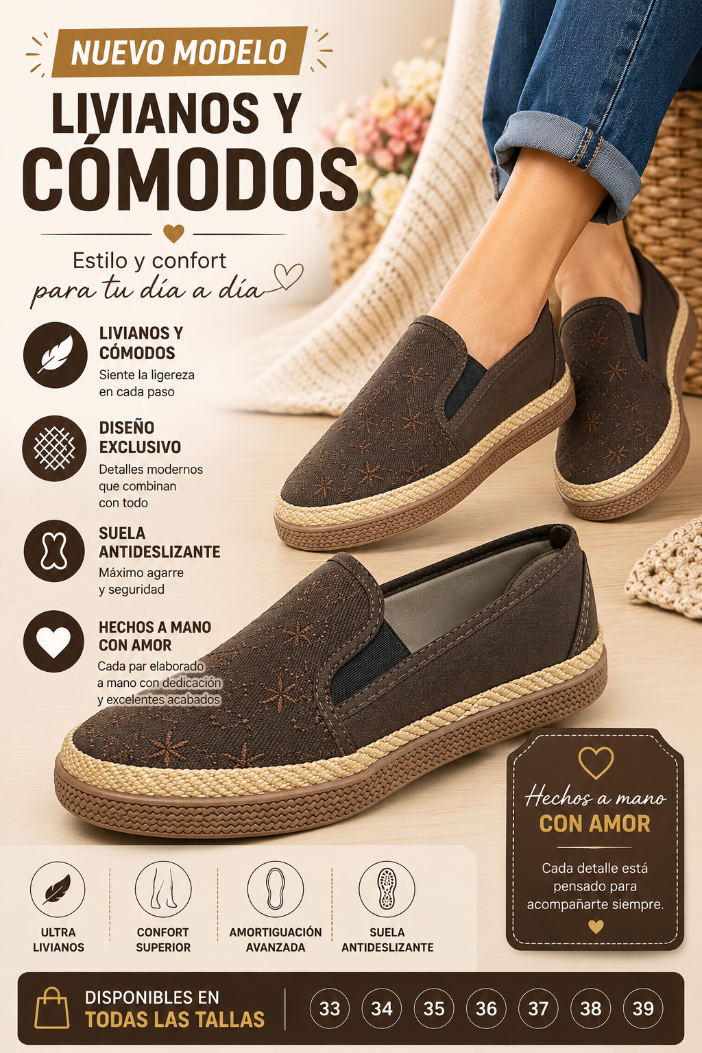 Zapato casual femenino café con bordados florales, suela antideslizante y ribete tejido. Mostrar tres pares y tallas de 33 a 39.