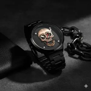 Reloj analógico negro de cuarzo con diseño de calavera dorada en relieve, sobre fondo gris con cadena metálica y billetera de cuero.