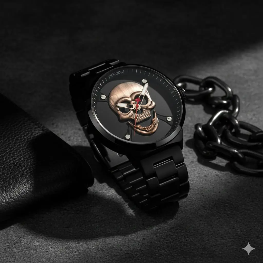 Reloj analógico negro de cuarzo con diseño de calavera dorada en relieve, sobre fondo gris con cadena metálica y billetera de cuero.