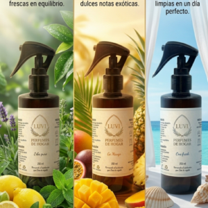 Tres botellas de perfume de hogar en aerosol de 250 ml con atomizador negro, rodeadas por elementos botánicos, frutales y marinos según su variante.