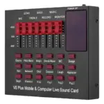 Tarjeta de sonido V8 Plus negra con controles de nivel LED rojos, pantalla y botones de efectos de voz para streaming y podcasting.