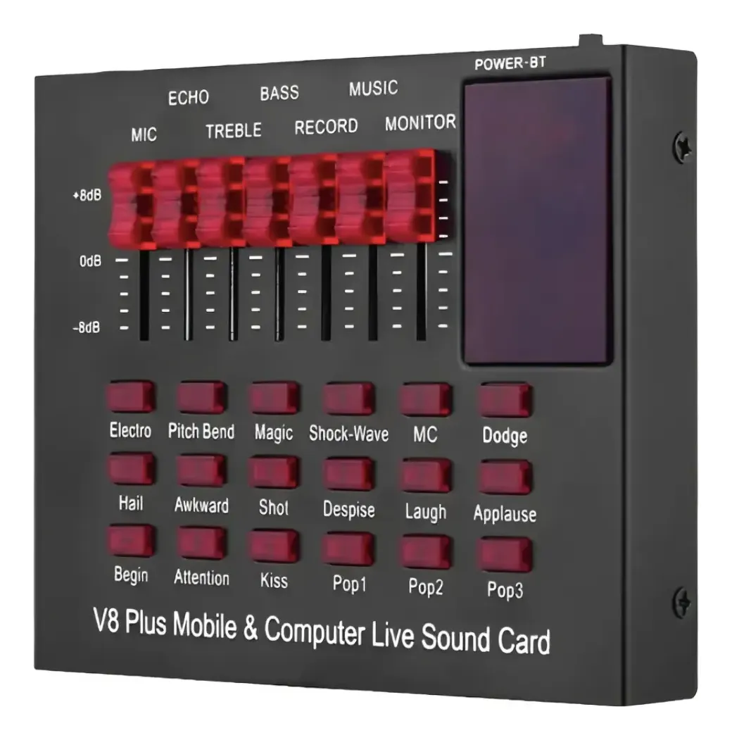 Tarjeta de sonido V8 Plus negra con controles de nivel LED rojos, pantalla y botones de efectos de voz para streaming y podcasting.