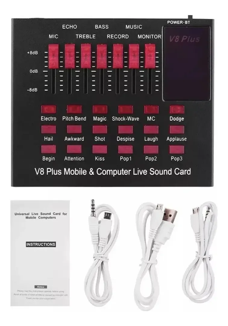 Tarjeta de sonido V8 Plus negra con controles y botones rojos, incluye manual de instrucciones y tres cables blancos de conexión.