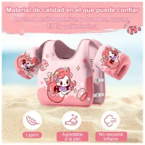 Chaleco flotador infantil rosa con mangas para natación, diseño de sirena, fabricado en nailon y espuma EPE, no requiere inflado, sobre arena de playa.