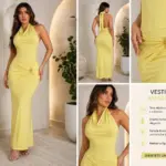 Vestido largo amarillo de cuello halter con fruncido lateral en la cadera y broche decorativo brillante sobre tela elástica