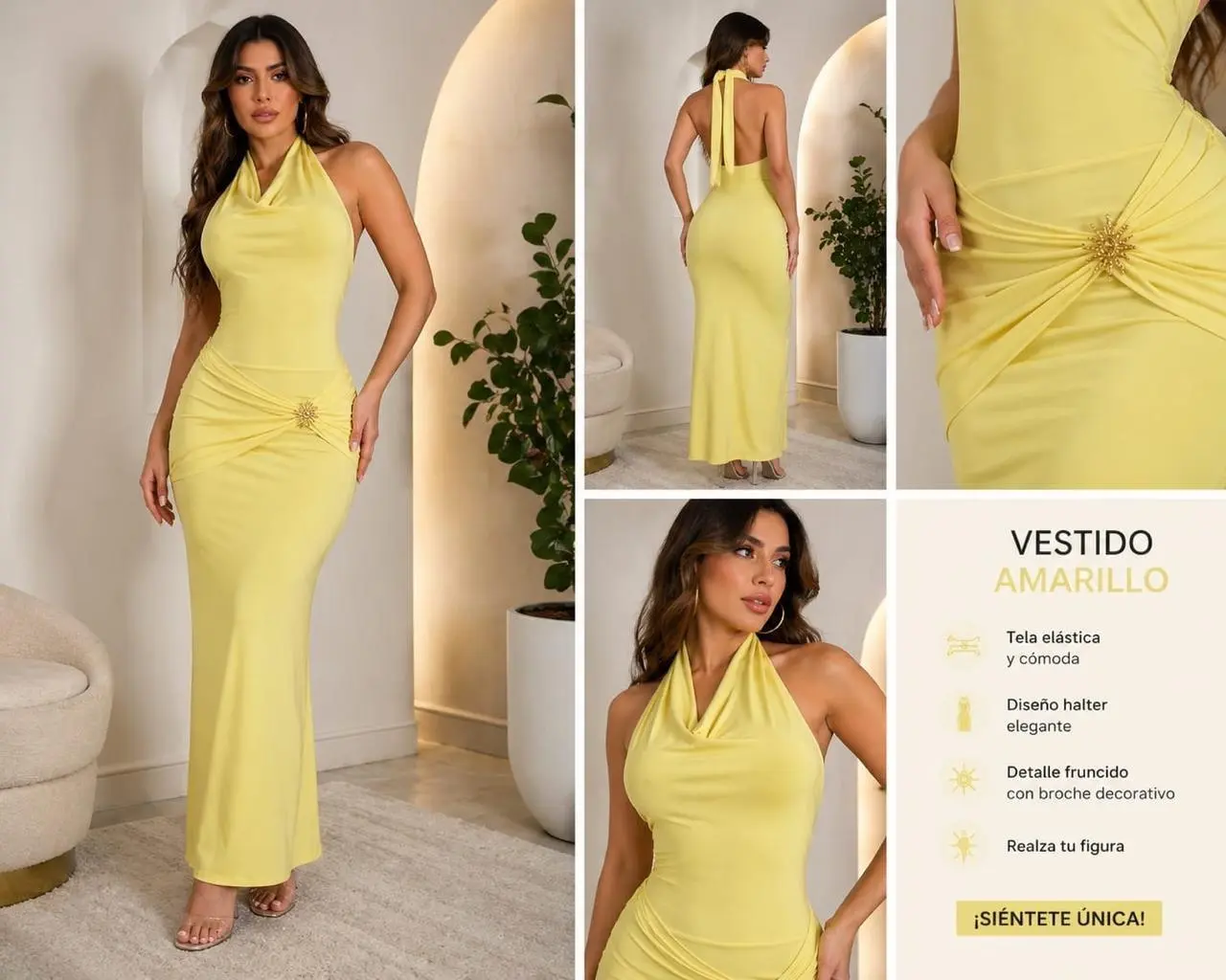 Vestido largo amarillo de cuello halter con fruncido lateral en la cadera y broche decorativo brillante sobre tela elástica