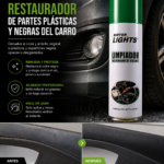 Lata spray verde LIMPIADOR MOTOR LIGHTS 250ml sobre auto negro con antes y después de moldura plástica restaurada