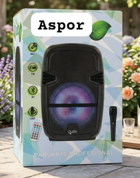 Parlante Bluetooth Aspor 6.5 pulgadas con micrófono y luz LED - Amplifica tu voz con claridad y lleva sonido ideal a cualquier espacio