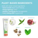 Pasta de dientes natural Himalaya Simply Peppermint 150g, tubo blanco con naranja, acompañado de ingredientes vegetales como xilitol, neem, triphala, granada y menta.