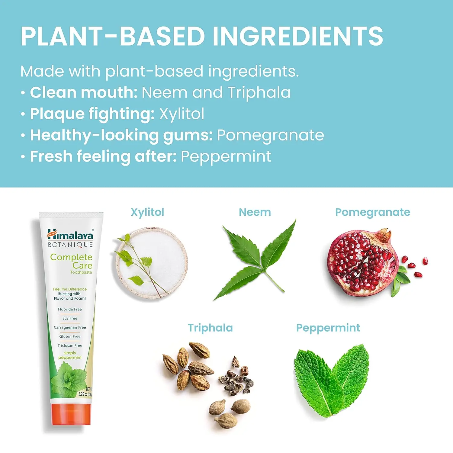 Pasta de dientes natural Himalaya Simply Peppermint 150g, tubo blanco con naranja, acompañado de ingredientes vegetales como xilitol, neem, triphala, granada y menta.