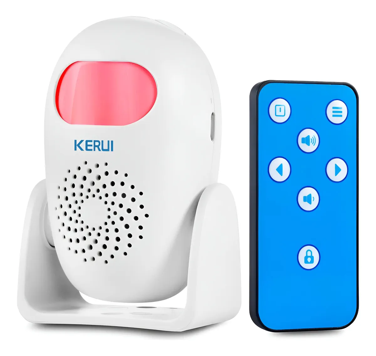 Detector de movimiento KERUI inalámbrico blanco con sensor infrarrojo rojo, montado en soporte ajustable y acompañado de control remoto azul.