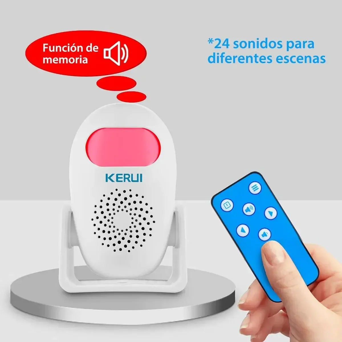 Timbre inalámbrico KERUI blanco con altavoz frontal, luz indicadora roja y control remoto azul en mano.