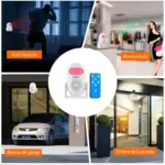Sensor de movimiento KERUI blanco con control azul, usado como alarma, timbre y sistema antirrobo en hogares y negocios.