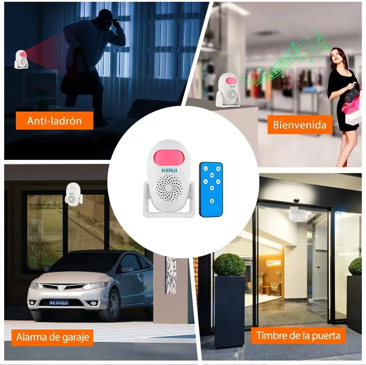 Sensor de movimiento KERUI blanco con control azul, usado como alarma, timbre y sistema antirrobo en hogares y negocios.