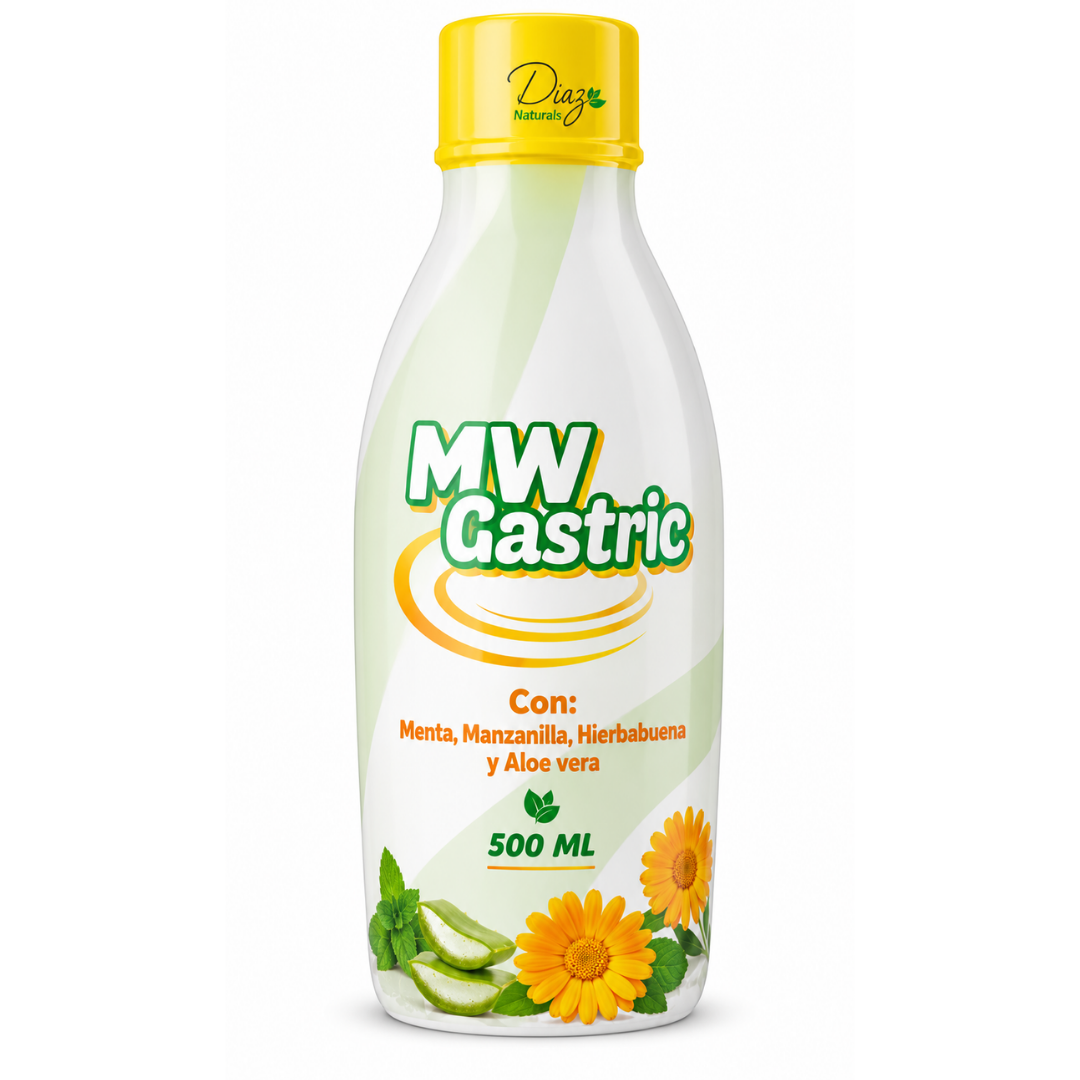 Jarabe digestivo MW Gastric de 500 ml en botella blanca con tapa amarilla e ilustraciones de manzanilla, menta y aloe vera.