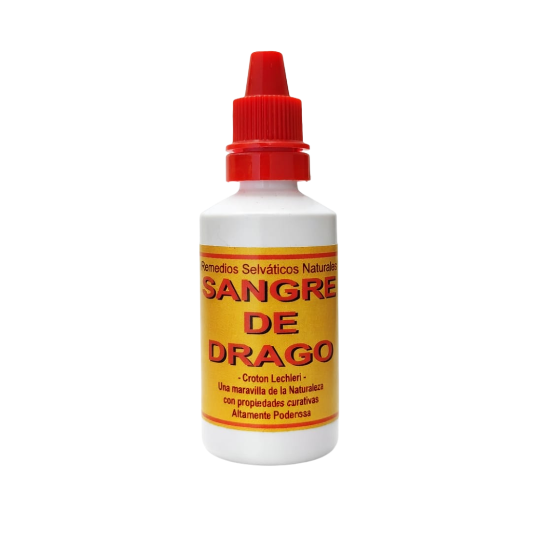 Frasco blanco de plástico con tapa roja dispensadora, etiqueta amarilla con texto rojo y negro que indica Sangre de Drago.