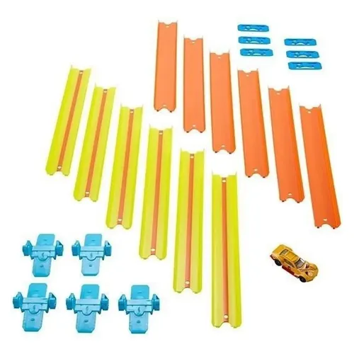Set de juego Hot Wheels con pistas naranjas y amarillas, conectores azules, un carro de carreras y piezas para armar.
