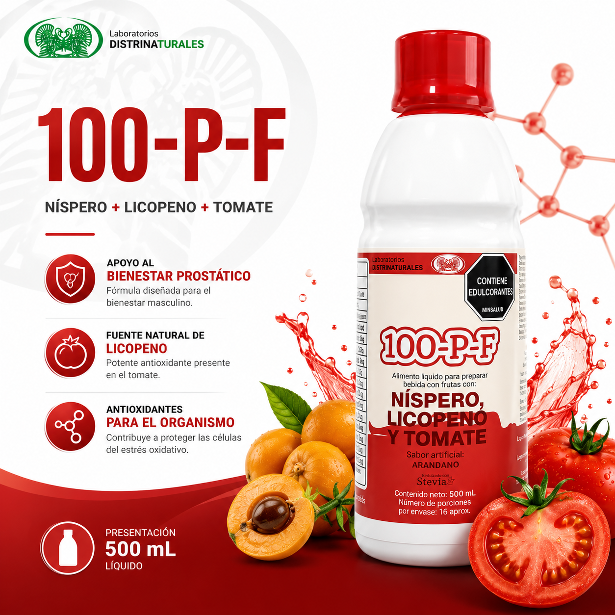 Botella blanca de 500 ml de suplemento líquido con etiqueta roja, rodeada de nísperos, tomates frescos y salpicaduras rojas.