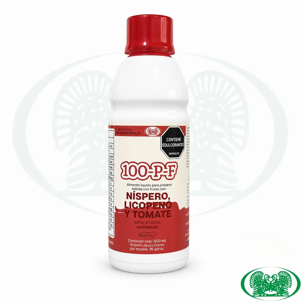Botella plástica blanca de quinientos mililitros con tapa roja, etiqueta de 100-P-F con níspero, licopeno y tomate.