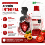 Bebida líquida 100-P-F en botella plástica de 500 ml con tapa roja, acompañada de nísperos, tomates frescos y escudo para bienestar prostático.