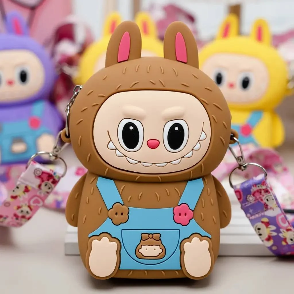 Bolso monedero infantil Labubu de silicona marrón estilo kawaii con tirantes celestes y correa estampada para llevar al hombro