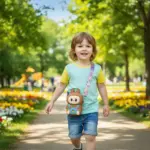 Bolso monedero infantil Labubu de silicona marrón estilo kawaii con tiras estampadas, usado por niña en sendero de parque.